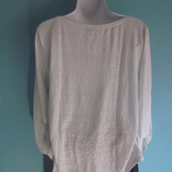 Ann Taylor Womens Size L Off White (Pale Green) Linen Pullover Summer 3/4 Sleeve - Picture 4 of 11